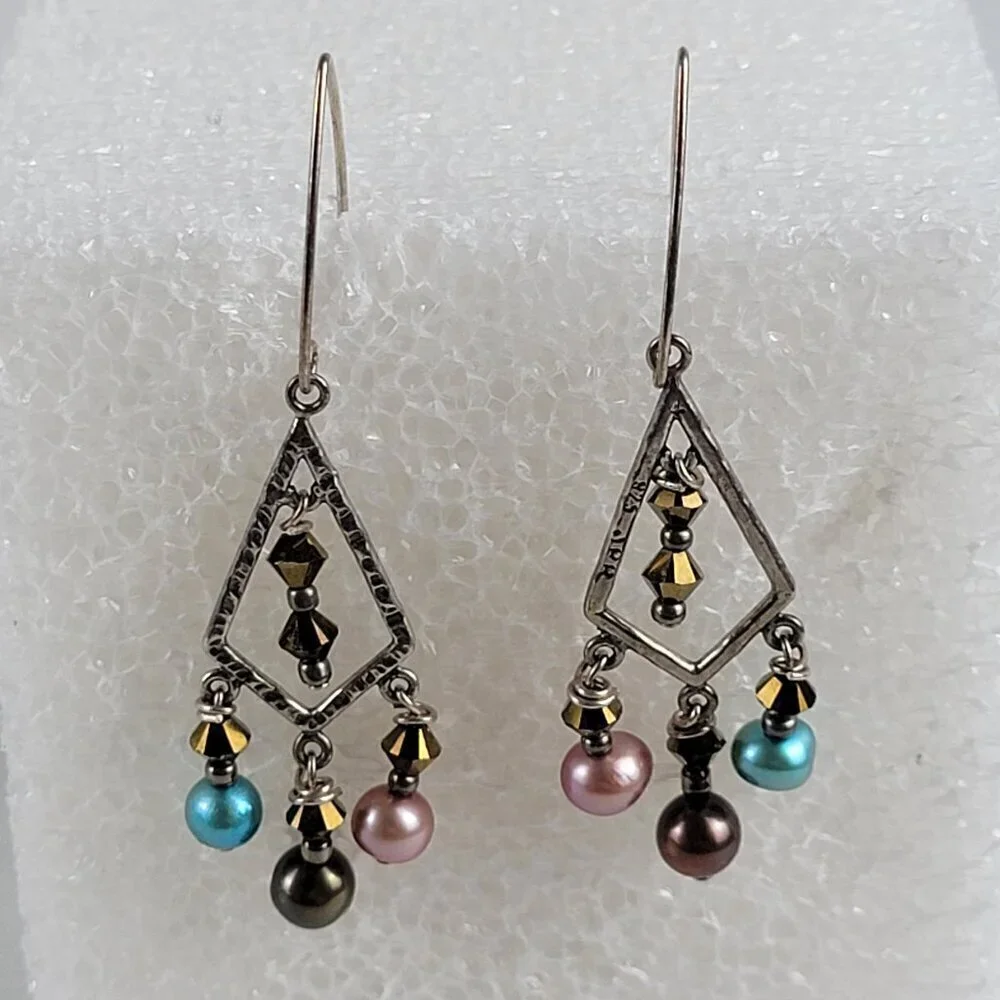 Sterling Silver 925 Multicolor Pearls Crystal Chandelier Earrings 1.5